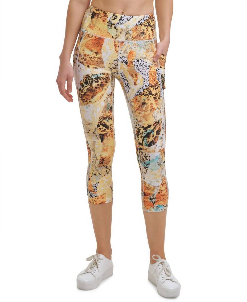 NEW CALVIN KLEIN performance printed cropped leggings in carbonate daffodil